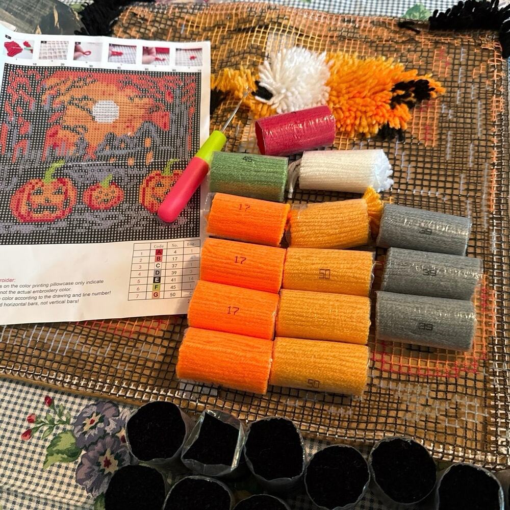 Halloween Latch Hook Kit • Pumpkins & Moon • Pillow Cover